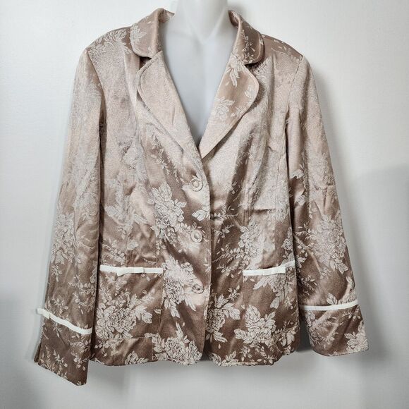 Susan Graver Jacket Large Floral Jacquard Ribbon Trim Button Tan Gold A44774 - Picture 3 of 14